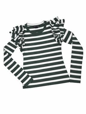 Veronica Beard Segrist Green Ivory Breton Stripe Ruffle Sleeve Ribbed Top Blouse